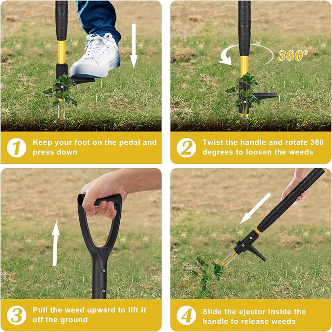 39" Stand Up Weed Puller Tool - Heavy Duty Detachable 3-Claw Weeder with Ergonomic Long D-Handle Lawn Leveling Rake 17x10 inch, Heavy Duty Ground Leveler for Soil, Sand