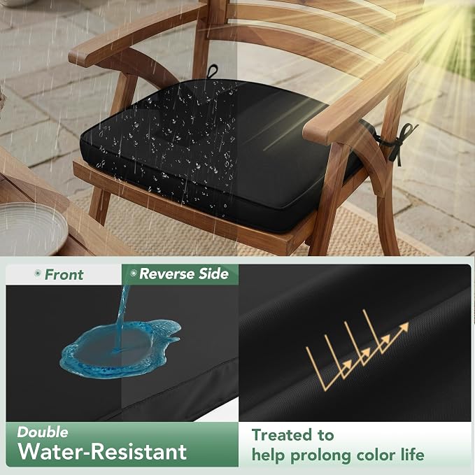 Outdoor Chair Cushions Set of 4: Waterproof & Fade Resistant Patio Furniture Cushions - 19 x 19 x 2 Inch Non Slip Round Corner Seat Cushion Pads with Removable Cover for Garden Yard Lawn, Black