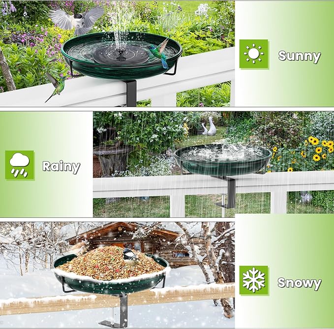 Deck Mounted Metal Bird Bath for Outside, Detachable Birdbath Bowl with Adjustable Steel Clamp, Outdoor Bird Feeder for Railing Balcony Fence Yard Art Garden Decor (Vintage Green)