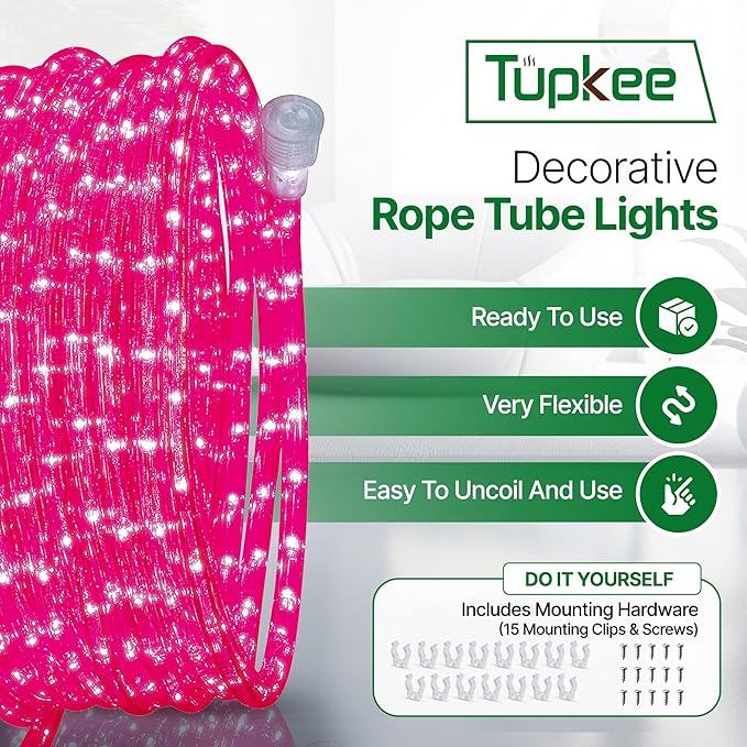 Tupkee LED Rope Light Pink - for Indoor and Outdoor use, 24 Feet (7.3 m) - 10MM Diameter - 144 LED Long Life Bulbs Decorative Rope Tube Lights