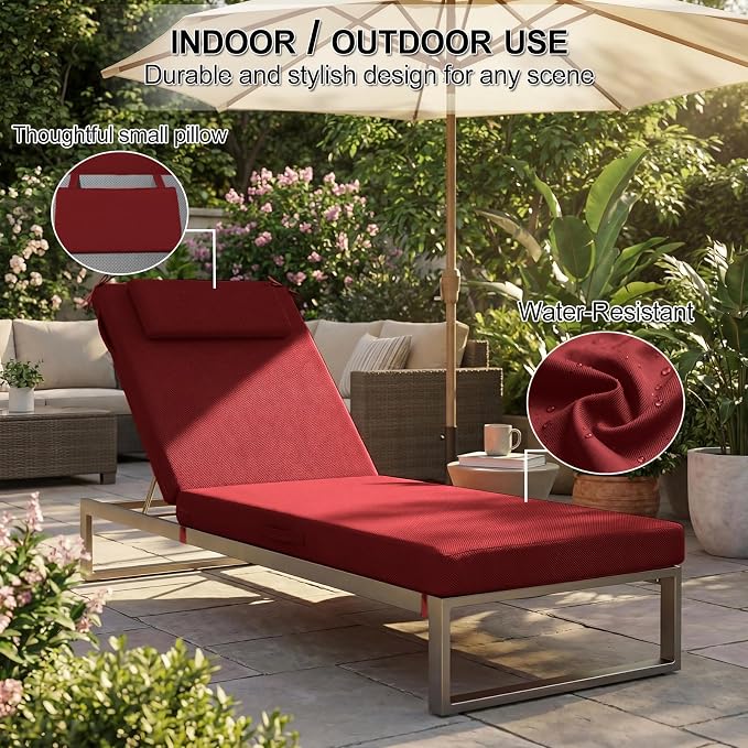 Outdoor Chaise Lounge Cushions, 72x21 Inch Olefin Water & Fade Resistant Pool Lounge Chair Cushions, Patio Sun Lounger Pad with Pillow & Straps for Patio, Pool, Deck, Lawn, Wine Red