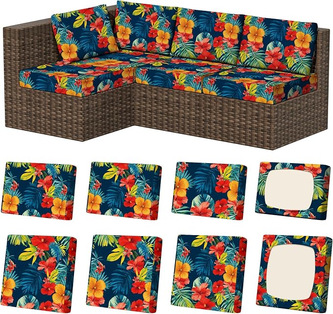 8Pcs Stretch Patio Cushion Covers, Outdoor Couch & Sofa Replacement Slipcovers for Patio Furniture Cushion Covers, Washable Reusable Furniture Protector