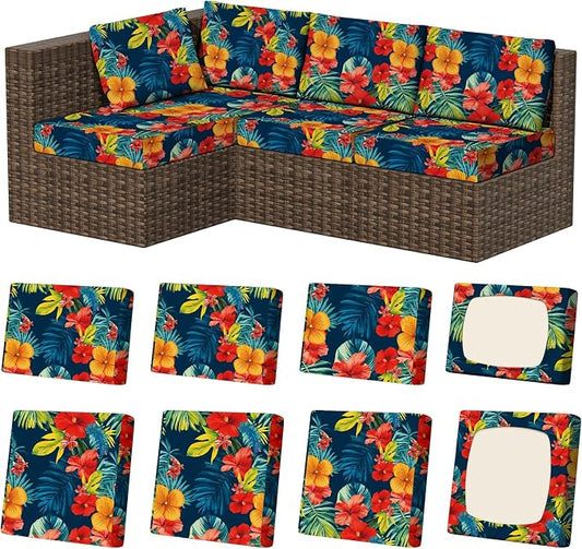 8Pcs Stretch Patio Cushion Covers, Outdoor Couch & Sofa Replacement Slipcovers for Patio Furniture Cushion Covers, Washable Reusable Furniture Protector