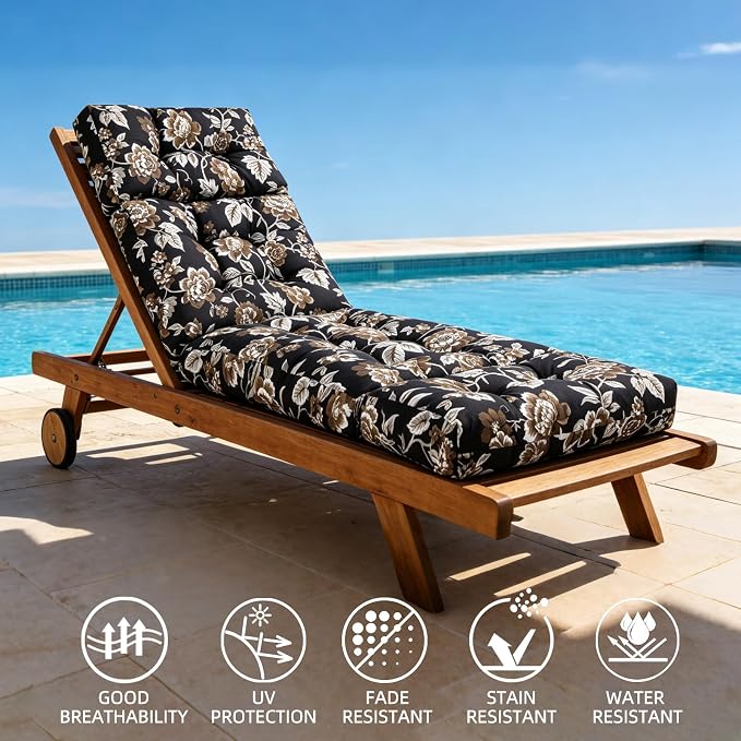 Patio Chaise Lounge Cushions, 70.5"x21"x4" Waterproof Replacement Beach Pool Lawn Outdoor Lounge Chair Cushion, Non-Slip Bottom & Secure Ties for Outdoor Furniture，Flower Black, 1Count