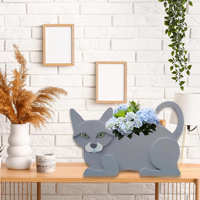 British Short Cat Planter, Cute Animal Shaped Plant Pot, Cat Flower Pot, Gifts for Women & Pet Lovers, Indoor Outdoor Garden Home Office Decor, 12.5 x 5.12 x 7.8Inches