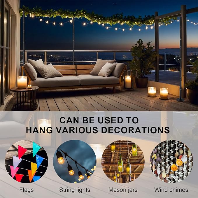 4 Pack 10 Ft String Light Poles for Outdoor String Lights, Heavy Duty Metal Outdoor Light Poles for Deck, Backyard, Garden, Patio, Wedding, Party