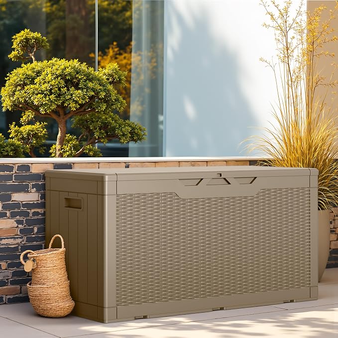 Greesum Outdoor Storage Box 100 Gallon Storage Bin with Lid for Patio Furniture, Garden Tools, Pool Supplies, Lockable, Waterproof and UV Resistant, Light Coffee