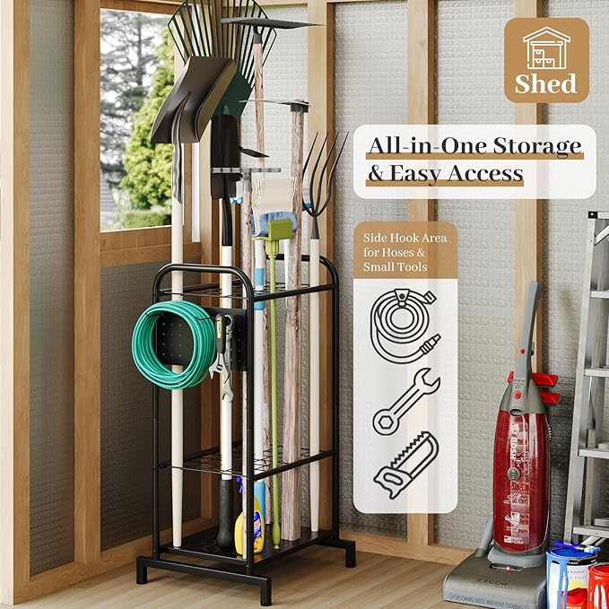 Garden Tool Organizer, Garage Tool Storage Rack, Heavy Duty Metal with Side Pegboard & Adjustable Hooks, Utility Racks for Shed, Patio & Outdoor Use