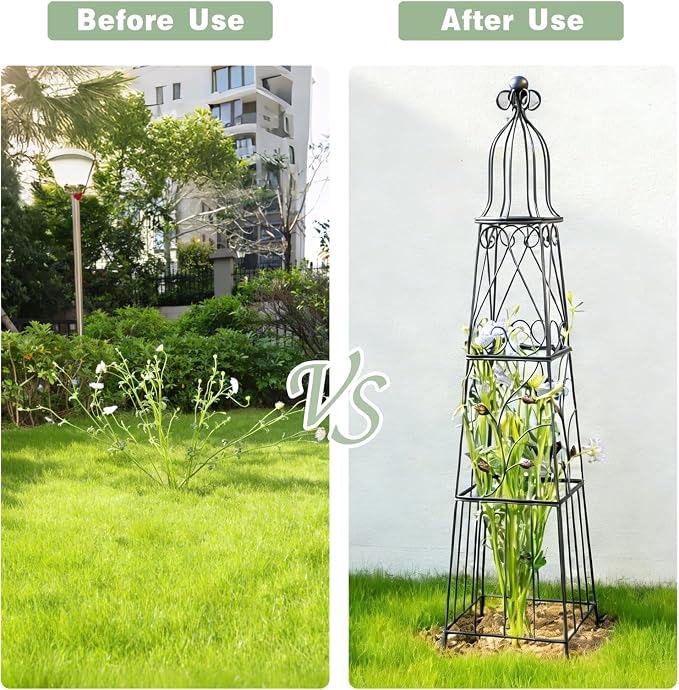 51-Inch Vintage Metal Garden Obelisk Trellis - Sturdy Climbing Plant Support for Roses, Bougainvillea, Vines & Potted Plants - Elegant Design for Gardens & Patios