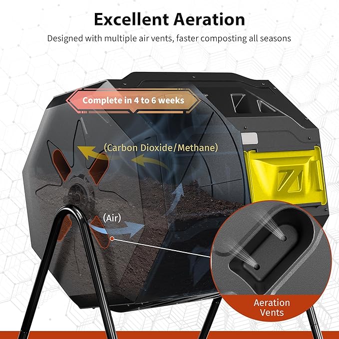 Compost Bin Outdoor, 43-Gal Dual Chamber with Steel Frame, Lagre Compost Tumbler with 2 Sliding Door and Aeration System, 360° Rotating, Tumbling Composter Bin for Kitchen, Garden, Yard, Black Yellow