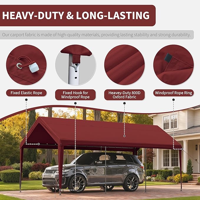 Carport Replacement Canopy Cover 10'x20' for Tent Top Garage Shelter Cover, 800D Heavy Duty Oxford Waterproof & UV Protected Car Canopy Tarp with Ball Bungees (Frame is not Included)