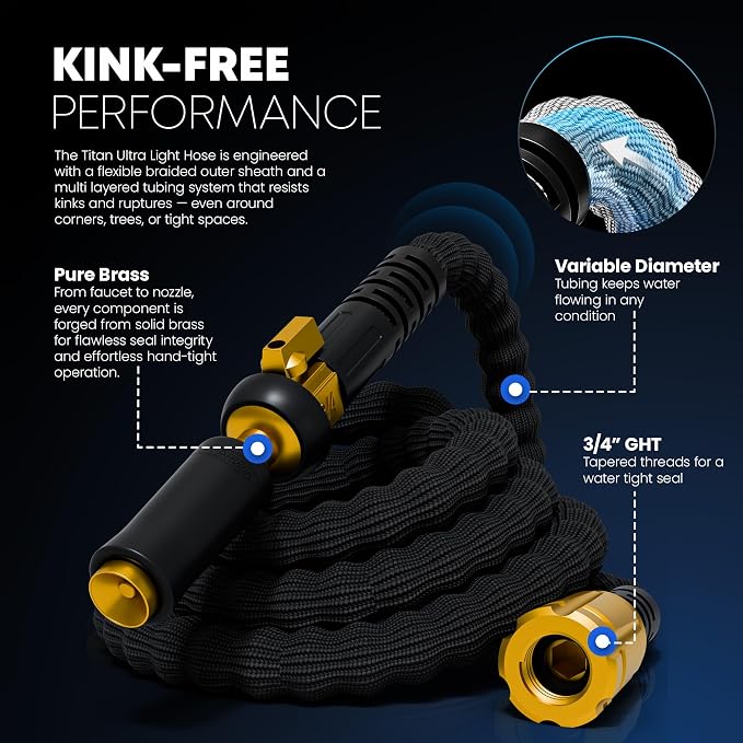 TITAN Flexible Garden Hose 30FT – Ultra Lightweight, Heavy Duty Water Hose with Brass Fittings & Jet Nozzle – Kink-Free, Non-Expanding, Durable Fabric Hose for Yard, Lawn, Car Wash, Outdoor Use