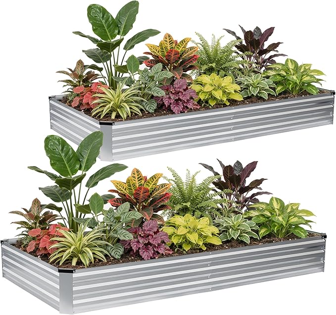G GOOD GAIN 8x4x1ft Galvanized Raised Garden Bed, Heavy-Duty Metal Planter Boxes Outdoor for Vegetables Flowers Herbs, Silver(2 Pack)