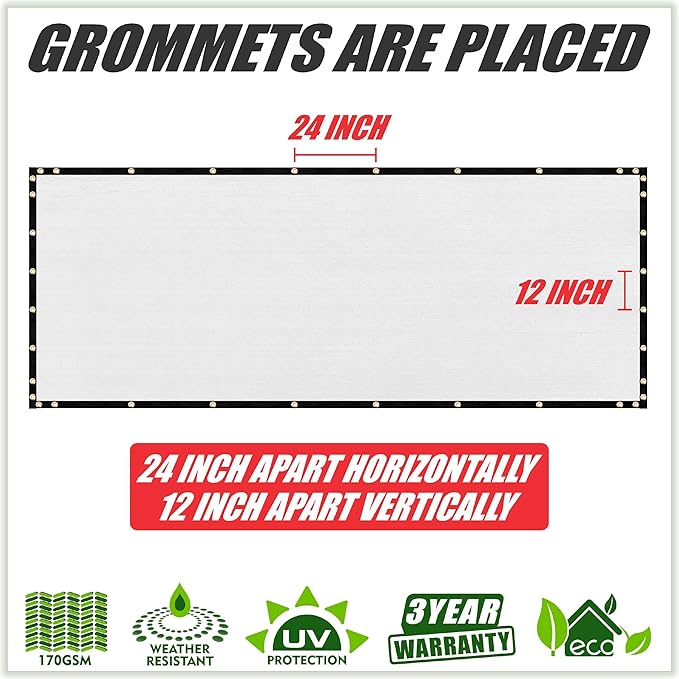 ColourTree Customized Size 6' x 60' White Fence Screen Privacy Screen - Commercial Grade 170 GSM - Heavy Duty - 3 Years Warranty - Cable Zip Ties Included