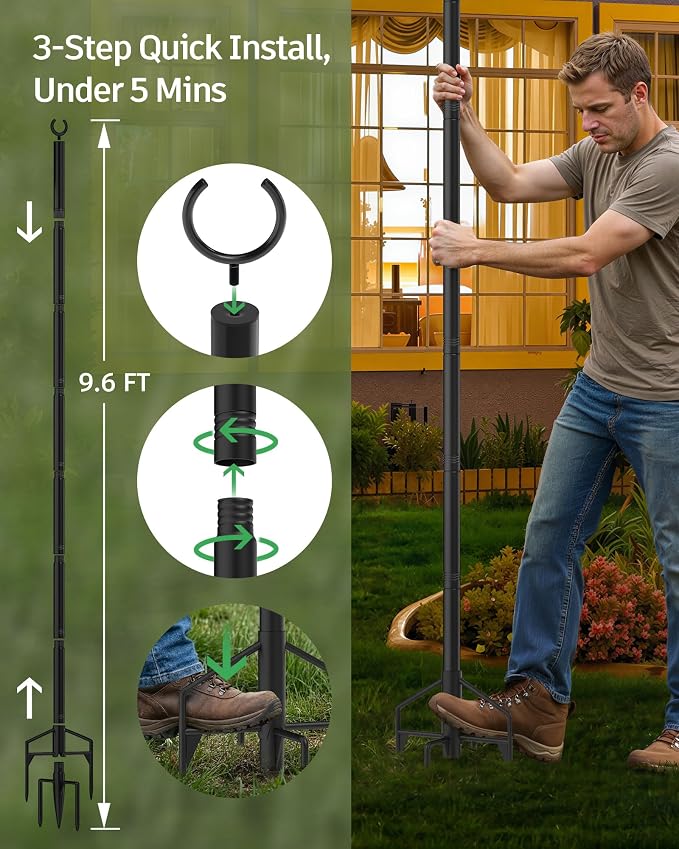 LAND·VOI String Light Poles 4 Pack, Heavy Duty Outdoor Light Poles with Upgraded 5‑Prong Base, Anti‑Bending Stable Design for Backyard Patio Garden Wedding Party Decoration