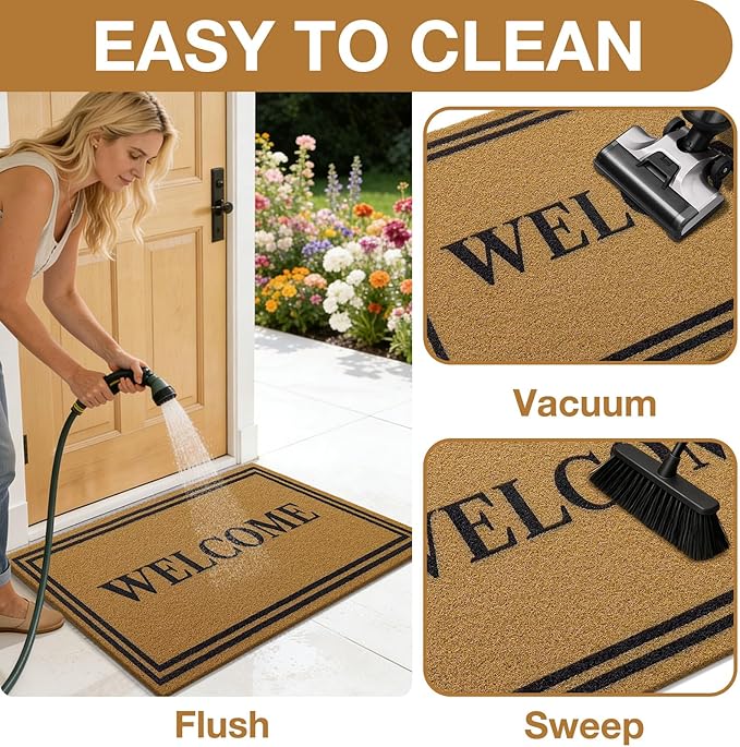 OLANLY Front Door Mat, Low Profile Doormat, Stain and Fade Resistant, Easy to Clean, for Indoor and Outdoor Entrances, Patio Porch or Entryway, Brown (30x17 Inch, Welcome)