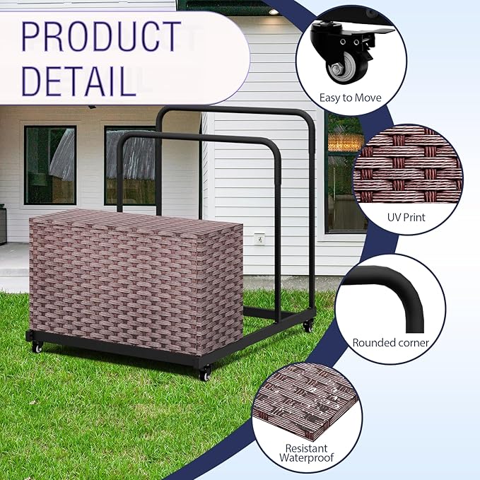 FONTOI Pool Storage, Pool Float Storage Bin with Wheels, Waterproof Metal with Rattan Pattern UV Print Outdoor Pool Towel Rack, All-Weather Float Storage Organizer for Cushions, Brown