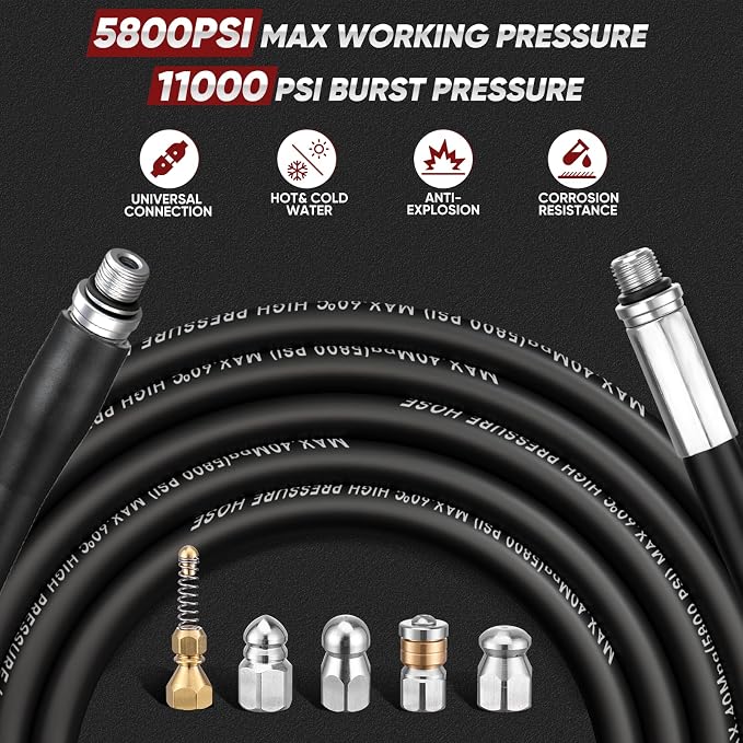 33FT Sewer Jetter Kit for Pressure Washer, 5800 PSI Drain Cleaning Hose with 5 Jet Nozzles & 2 Adapters, Compatible with Spray Guns and Power Washers, Ideal for Clogged Pipes and Drains