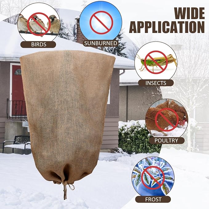 Woanger 8 Pcs 40 x 56 Inch Burlap Winter Plant Cover Bags Reusable Warm Large Plant Frost Protector with Drawstring Freeze Protection Tree Freeze Blanket for Outdoor Garden