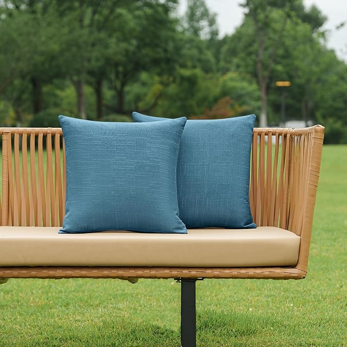NiNi ALL Pack of 2 Decorative Outdoor Waterproof Pillow Covers Square Garden Linen Textured Cushion Sham Throw Pillowcase Set of 2 for Patio Farmhouse Garden Tent Couch 18x18 Inch Dark Blue