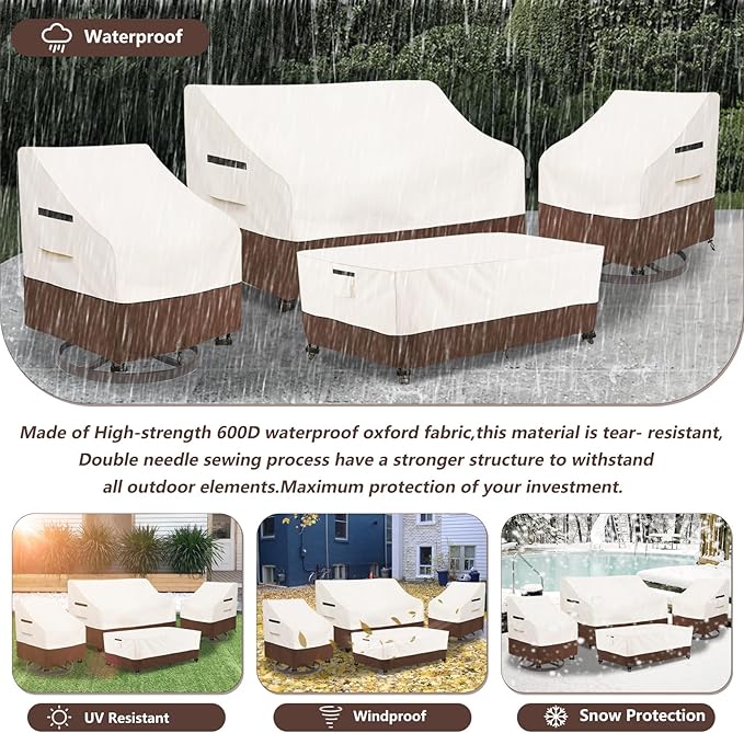 Patio Furniture Covers Set,4-Piece 600D Heavy Duty Waterproof Outdoor Furniture Cover for Patio Swivel Rocker Chairs,Loveseat and Coffee Table,Beige & Brown