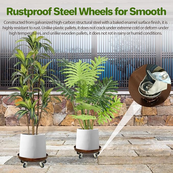 Plant Caddy with Wheels, 14" Heavy Duty Metal Plant Dolly, 390 lb Capacity Rolling Plant Stand with 360° Locking Casters, Waterproof Planter Tray and Saucer for Indoor Outdoor Large Pots