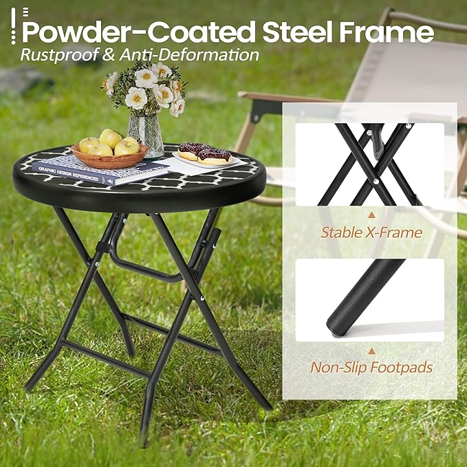 Foldable Side Table with Tempered Glass Top 18" Outdoor Folding Side Tables Small Glass Patio Table for Porch Yard Balcony Deck Lawn Dining Garden (Black and White Stripe)
