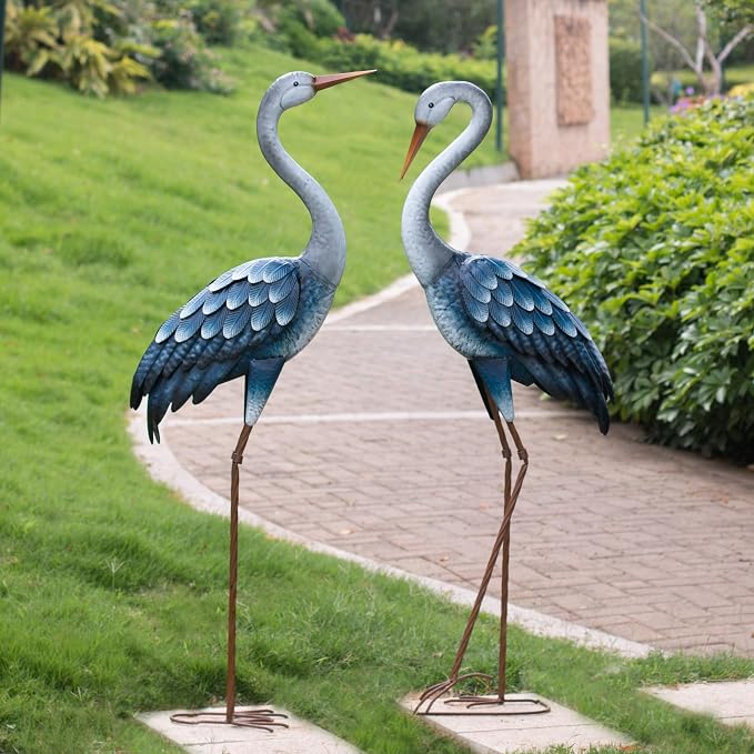 Kircust Blue Metal Heron Statues,Outdoor Garden Crane Sculptures 47-48 Inch | Waterproof and Rust-proof Bird Yard Art, For Pond & Lawn Garden Decor