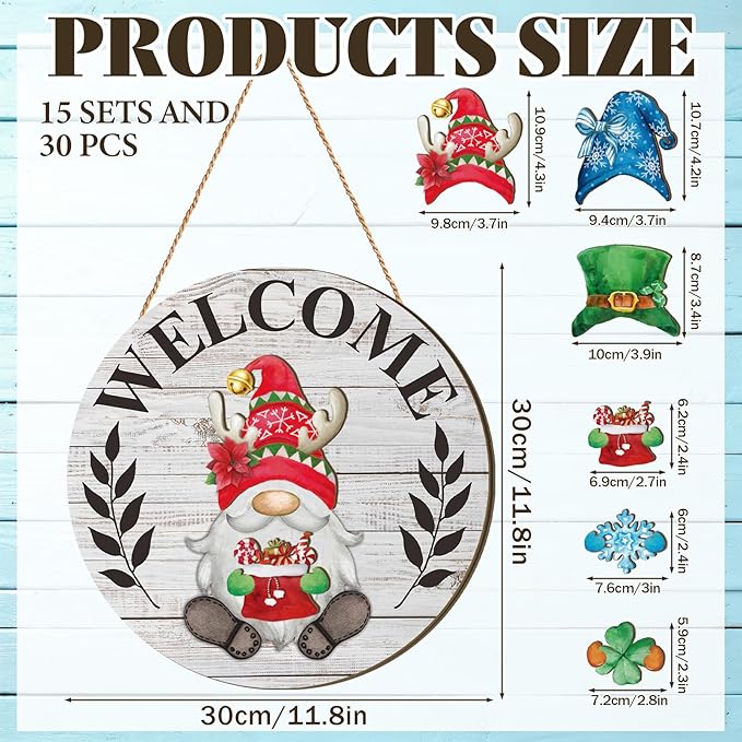 Qunclay Interchangeable Wooden Gnome Decor Holiday Seasonal Gnome Decorations with Magnet Pieces and Detachable Hats Changeable Welcome Sign for Home(Grayish White)