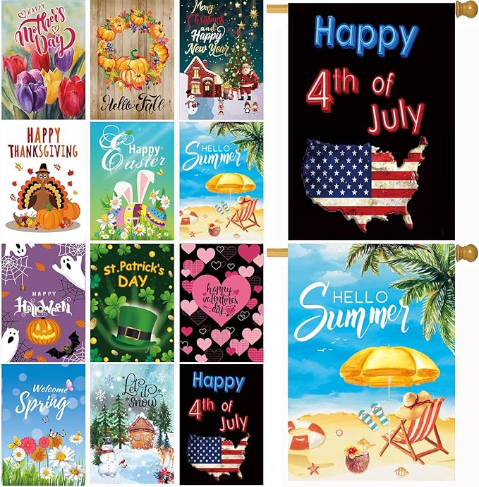 CDLong Seasonal Garden Flag Set of 12 - Double Sided 28 x 40 Inch Large Yard Flags, Outdoor Holiday Decorations for All Seasons, Christmas, Spring, Summer, and Fall - Big House Flags for Outside Decor