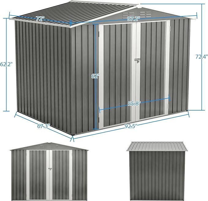KEIKI Storage Shed 8x6 FT, Large Metal Tool Shed for Outdoor Storage, Galvanized Steel Garden Shed with Lockable Doors for Patio, Backyard, Lawn, Grey