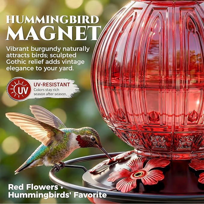 2 Pack Glass Hummingbird Feeder for Outdoors Hanging, Bird Nectar Feeder with Perch & 5 Flower Feeding Ports, 26 Oz Leak Proof for Outside Garden Decor Backyard, Gifts for Women Mom, Red