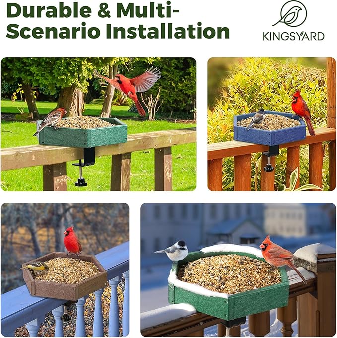 Kingsyard Clamp-On Deck Bird Feeder 11in Hexagon, Adjustable Balcony Railing Clamp 2.2in No-Drill, Recycled Plastic Seed Tray Metal Mesh Drainage Easy-Clean 3 lb, Brown