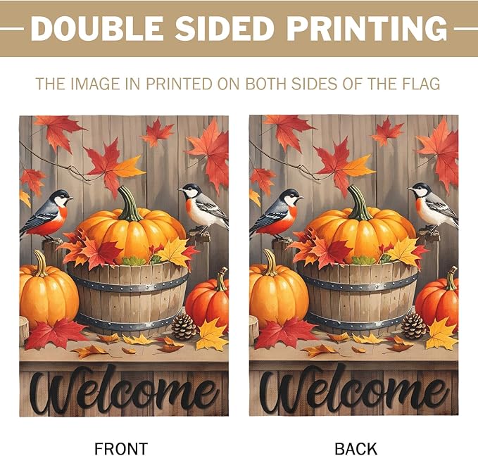 Fall Pumpkin Bird House Flag 28x40 Inch Welcome Autumn Watercolor Maple Leaf Harvest Theme Thanksgiving Decorative Yard Flags for Outside Double Sided Outdoor Home Farmhouse Decoration Porch Decor