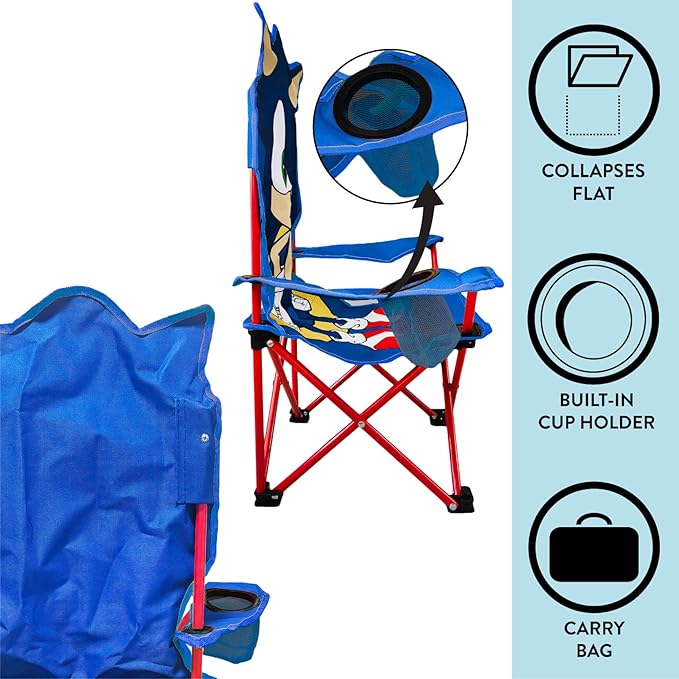 Sonic Figural Folding Camp Chair for Kids – Portable Outdoor Chair with Carrying Case, Lightweight and Durable, Indoor/Outdoor Seating for Ages 3+, Perfect for Camping or Backyard