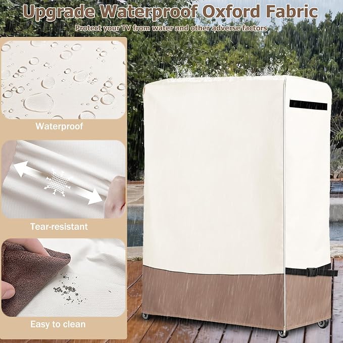 59 Inch Outdoor Waterproof TV Trolley Cover,Heavy Duty 600D Rolling TV Stand Cover with Zipper Easy to Ioad and Unload for 60-65 Inch TV,59"Lx15"Wx55"H,Beige