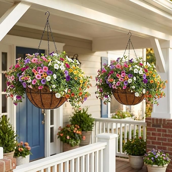 2 Pack Hanging Baskets for Plants Outdoor 10 Inch Metal Hanging Planters with Coco Coir Liner, Round Hanging Flower Pots for Home Garden Patio Balcony Porch