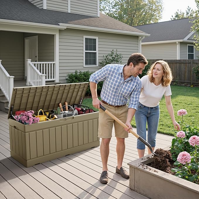 Flamaker Outdoor Storage Box 80 Gallon Resin Waterproof Deck Box Delivery Box with Wood Texture Large Storage Bin for Patio Cushions (Light Brown)