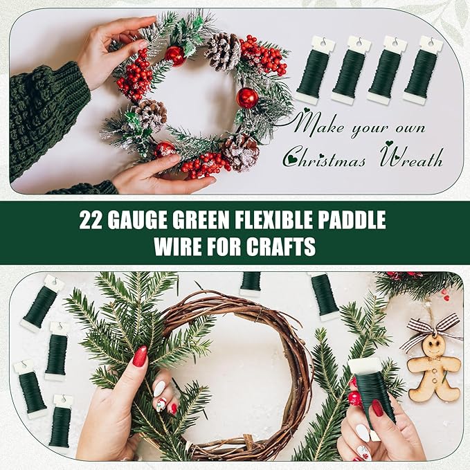 Ferraycle Floral Wire 38 Yards 22 Gauge Flexible Paddle Wire Florist Wires Christmas Wires for Crafts, Christmas Wreaths Tree, Garland and Floral Flower Arrangements, Green(Green)