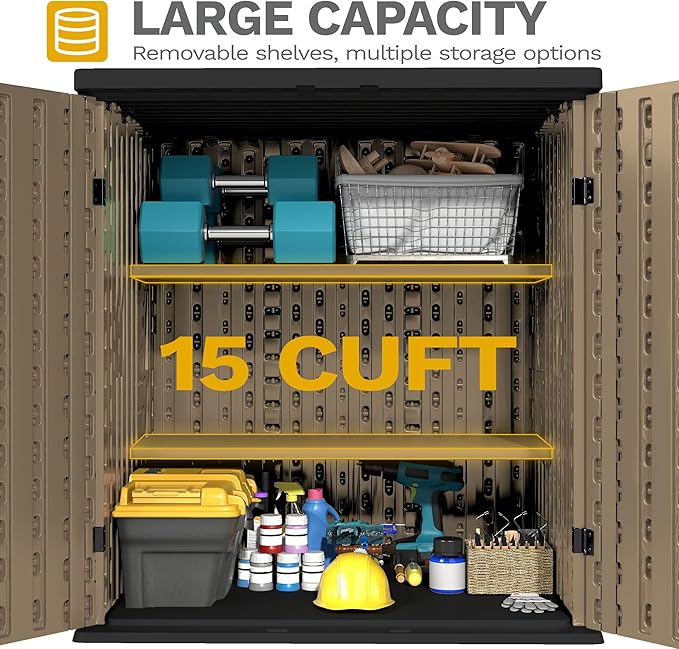 DWVO Outdoor Storage Cabinet with 2 Shelves, Waterproof Horizontal Plastic Storage Shed with Lockable Door, 15 cu. ft. Patio Tools Storage Box for Patio, Garden, Backyard, Deck, Brown