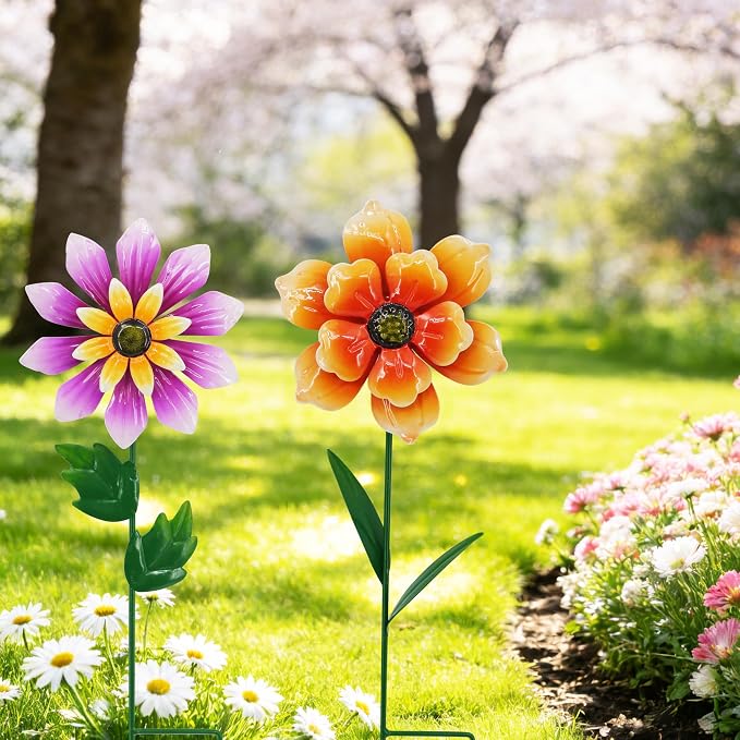 2 Pack Metal Flower Wind Spinner for Yard, 18in Outdoor Garden Stake with Retro Floral Design, Kinetic Patio Lawn Art, Weather Resistant Spring Decor
