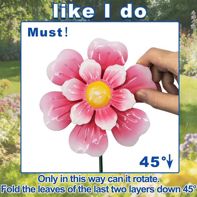 2 Pack Metal Flower Wind Spinner for Yard, 18in Outdoor Garden Stake with Retro Floral Design, Kinetic Patio Lawn Art, Weather Resistant Spring Decor