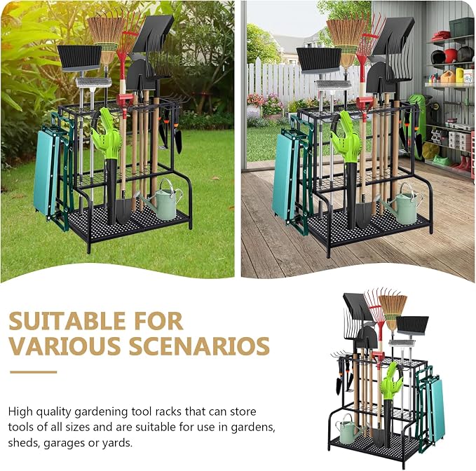 Garden Tool Storage Rack, 3 Tier Heavy-Duty Steel Garden Tool Organizer Stand Up To 70 Long Handled Shovels/Rakes/Brooms, 24×16×26inch Garage Tool Shelf for Shed, Yard, Garage