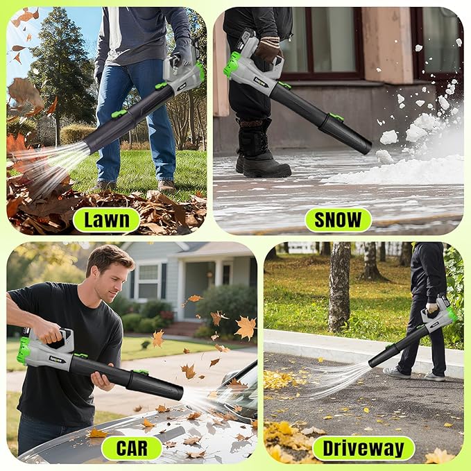 Leaf Blower Cordless,Electric Leaf Blower with 2 4.0Ah Battery Powered and Fast Charger, Cordless Blowers for Lawn Care and Car Dust Snow Blower,6 Speed Control,Grey
