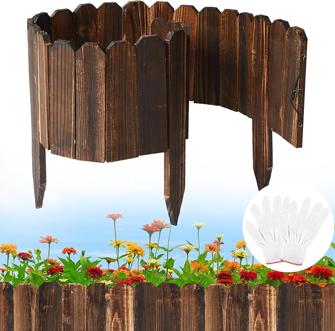 Bucherry 1 Pcs Rustic Wood Garden Edging Border 7.9 in H x 3.9 ft L Antiseptic Wood Garden Landscape Edging Fence with Gloves for Decorative Yard Pathway Flower Bed Lawns Pathway Tree