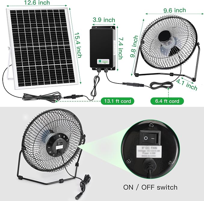 blessny 8" Solar Rechargeable Fan, 25W Solar Powered Floor Fan with 66.6 Wh Battery Backup for Outdoor Greenhouse, Chicken Coop, Pet House Air Circulation Cooling