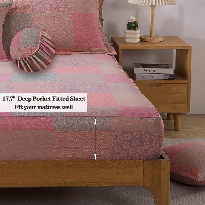 FADFAY King Sheets Set 100% Cotton Washed Double Gauze Muslin Bedding 4-Piece Boho Patchwork Checkered Floral Sheets Shabby Geometry Farmhouse Bedding Super Soft Deep Pocket Fitted Sheet, King Size