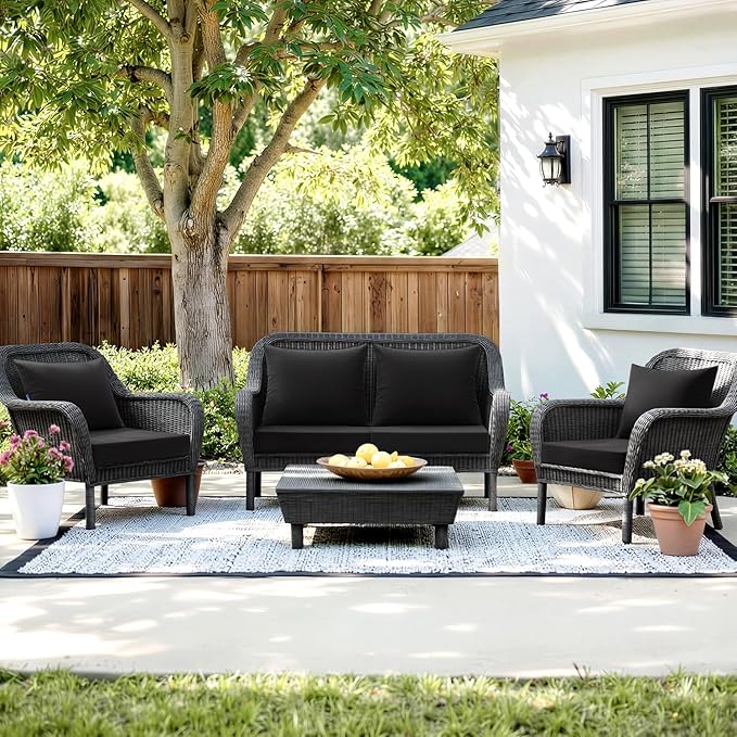 MIULEE Black Outdoor Seat Cushion Set 24x24 Inch Linen Textured Waterproof & 3 Year Color Fastness Seat and Back Cushion with Ties No Slip Design for Patio Furniture Chair Sofa Couch