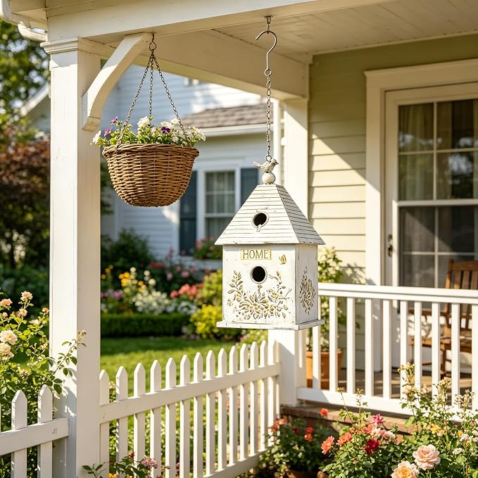Vintage Metal Hanging Birdhouse, Home Decorative Bird House with Floral & Bird Accents, Weathered White Bird Home, Ideal for Outdoor Garden Decor