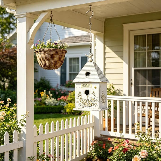 Vintage Metal Hanging Birdhouse, Home Decorative Bird House with Floral & Bird Accents, Weathered White Bird Home, Ideal for Outdoor Garden Decor